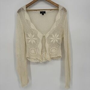 Y2K AGB Cream Crochet Cardigan Women's Medium Boho Festival Knit Long Sleeve